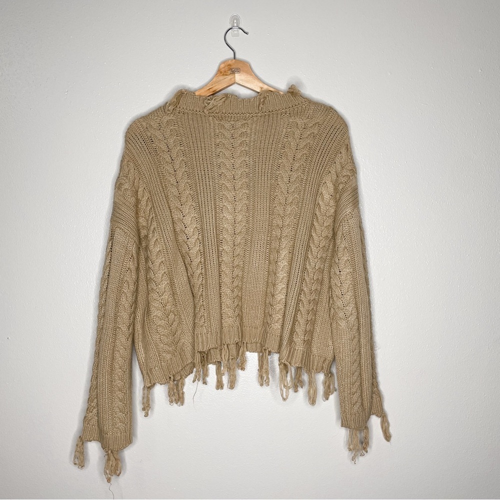 Altar’d State | Distressed Cable Knit Tan Cropped Sweater - Picture 3 of 7